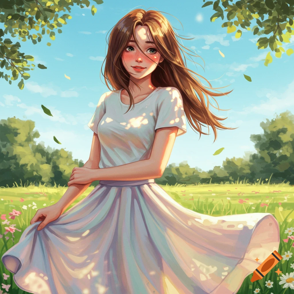 An anime-style illustration of a smiling young woman with long brown ...