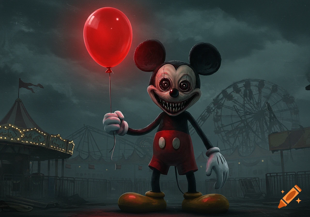 A creepy, distorted Mickey Mouse with sharp teeth and glowing eyes holds a red balloon in a dark, abandoned carnival.