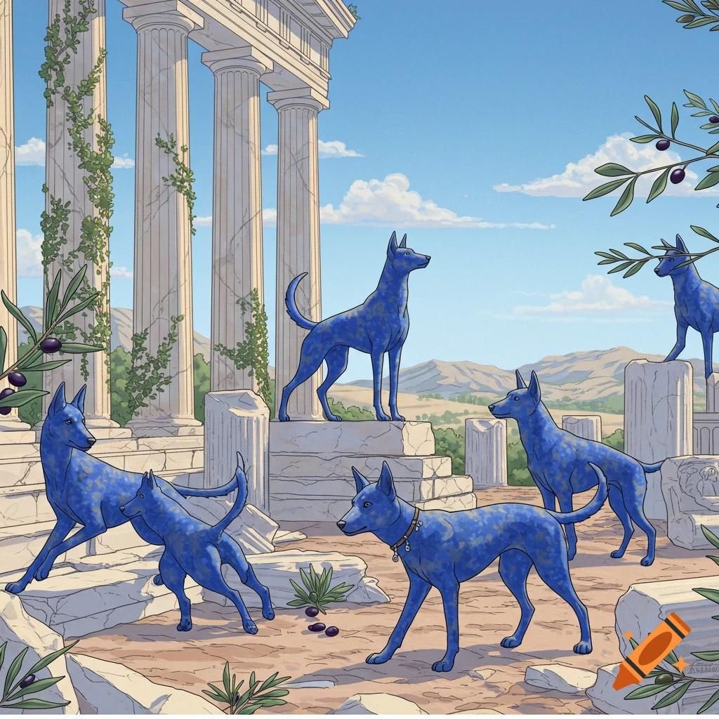Stylized illustration of blue dogs with mottled fur exploring ancient Greek ruins under a clear sky.