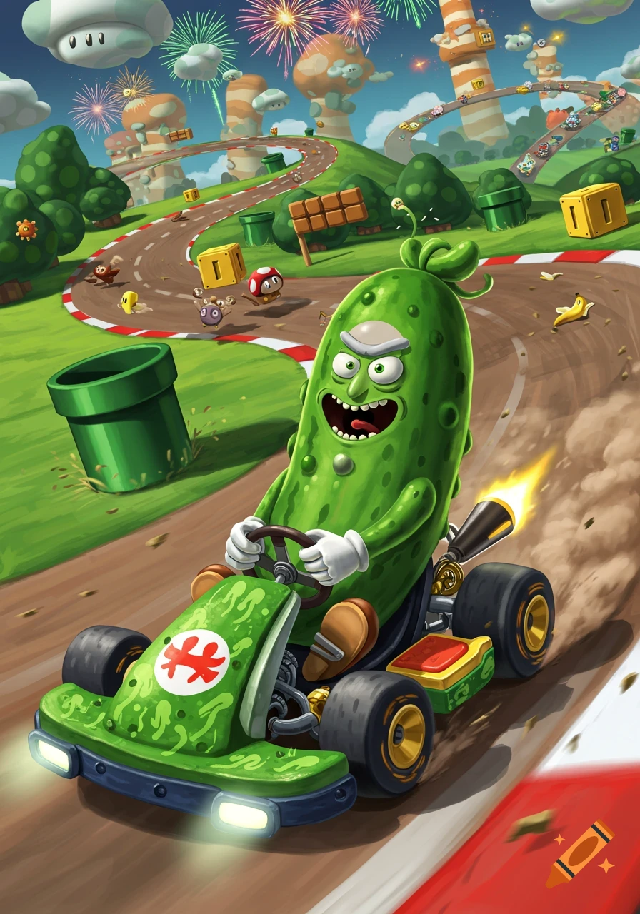 Pickle Rick from Rick and Morty races a green kart on a vibrant Mario Kart track, surrounded by power-ups and fireworks.