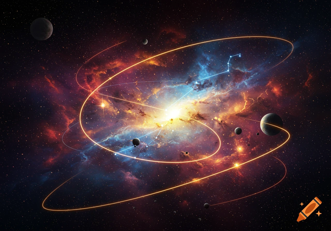 Vibrant digital art of a galaxy with a central nebula, orbiting planets, glowing light trails, and a faint blue constellation.