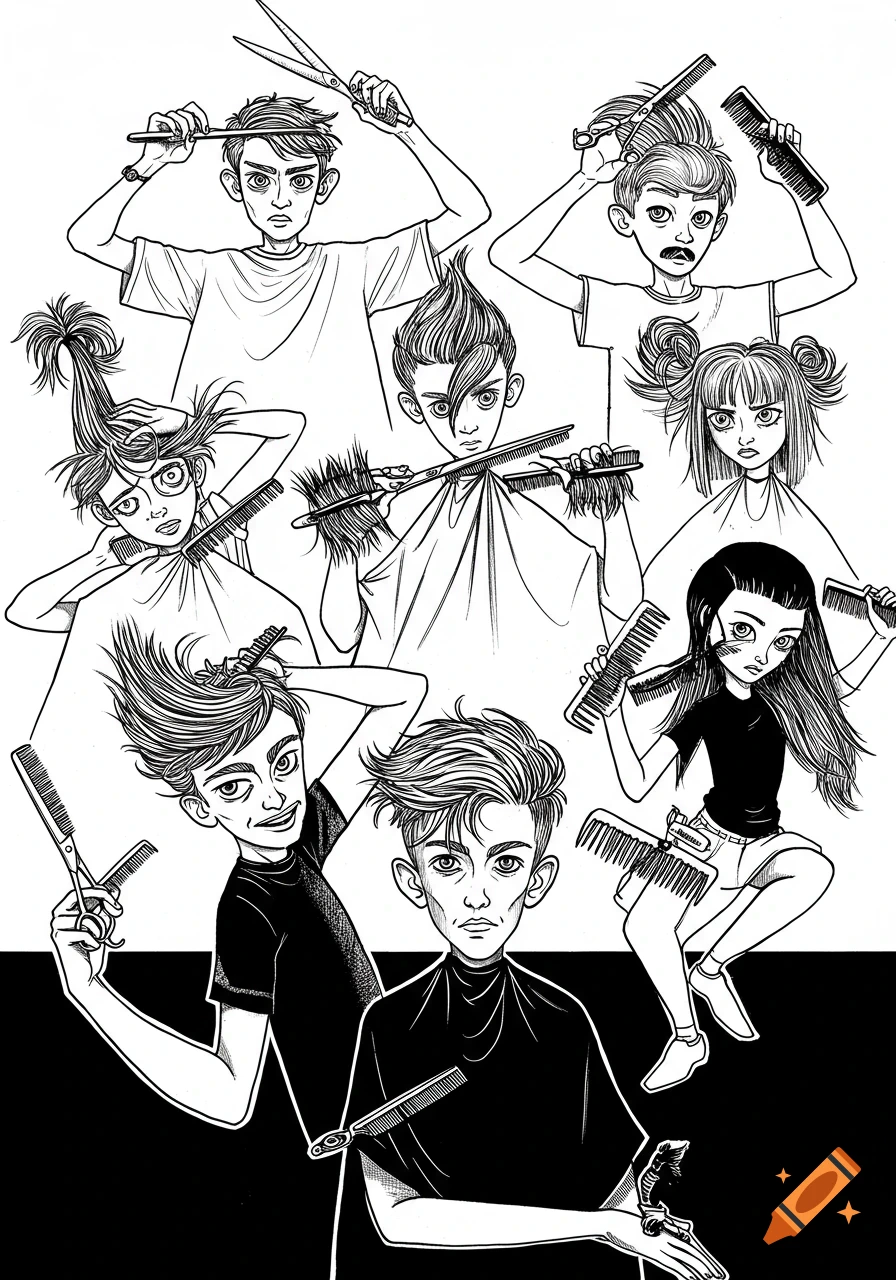 Black and white comic art illustration featuring multiple stylized characters with diverse, exaggerated hairstyles, holding scissors and combs.
