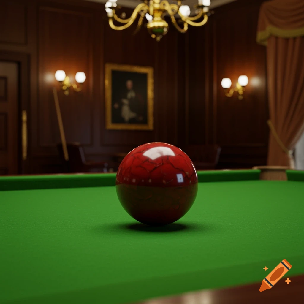 A photorealistic red and brown snooker ball resting on a green felt table in a luxurious, wood-paneled room.