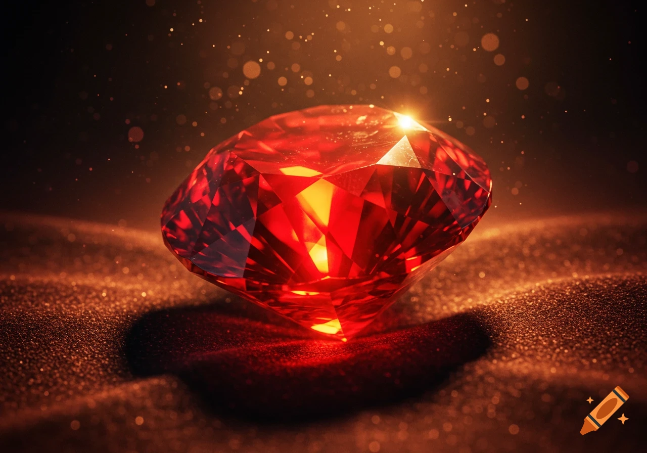 A large, faceted red ruby gemstone glitters on a dark, sparkling surface under a warm light.