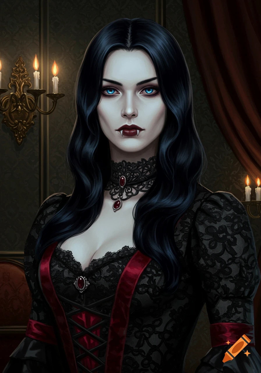 A pale-skinned female vampire with black hair and blue eyes, dressed in gothic black lace and red attire, in an oil paint style.
