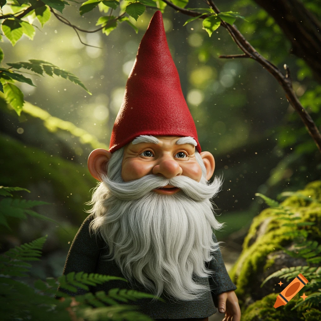 Photorealistic elderly gnome with a red hat and long white beard standing in a sunlit forest.