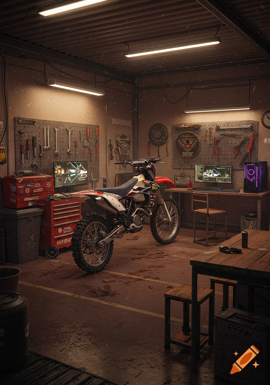 A detailed, photorealistic image of a dirt bike parked in a steel garage with tools, a red toolbox, a gaming computer setup, and wooden tables.