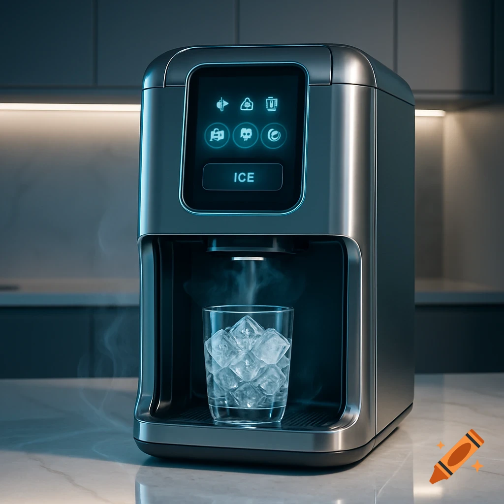 A modern, sleek stainless steel ice machine with a glowing blue digital screen displaying "ICE" and icons, dispensing ice into a glass on a marble countertop in a dimly lit kitchen.