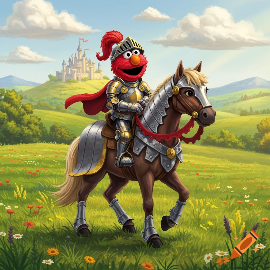Elmo in knight armor riding a horse through a flowery field with a castle in the background, cartoon style.