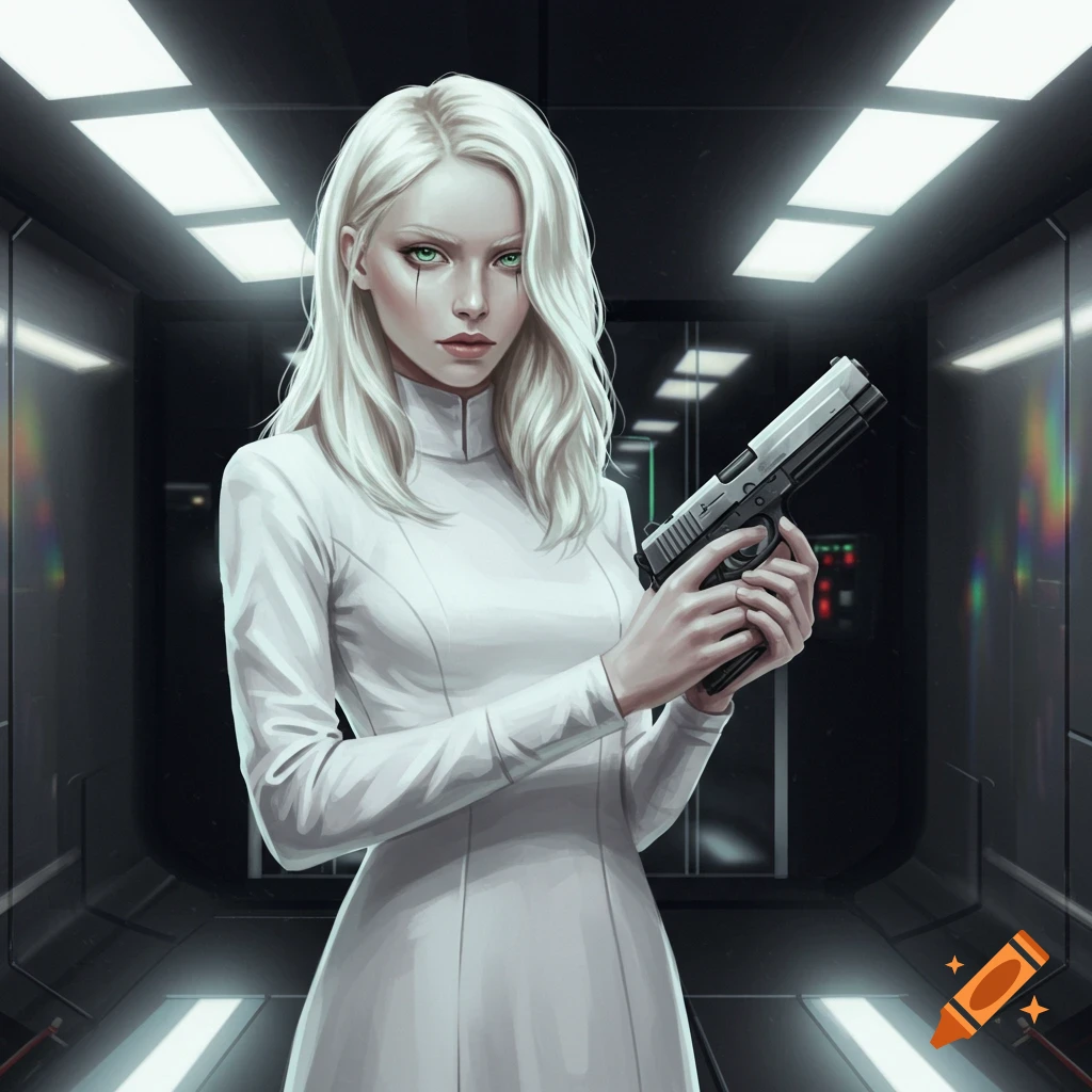 A pale blonde woman with green eyes, wearing a high-necked white dress, holds a handgun in a dark, futuristic hallway.
