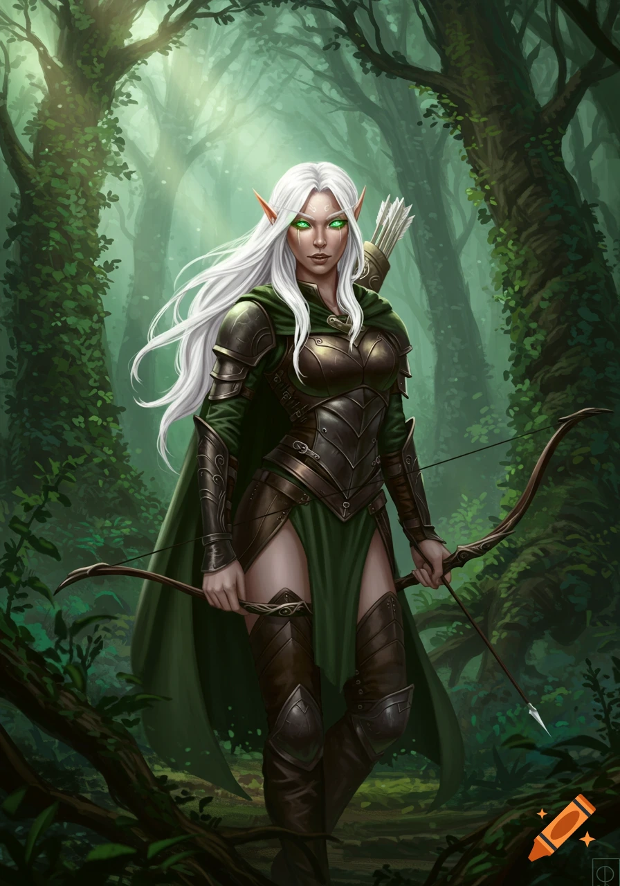 A female elf ranger with white hair, bright green eyes, green and brown armor, holding a bow in a misty green forest.