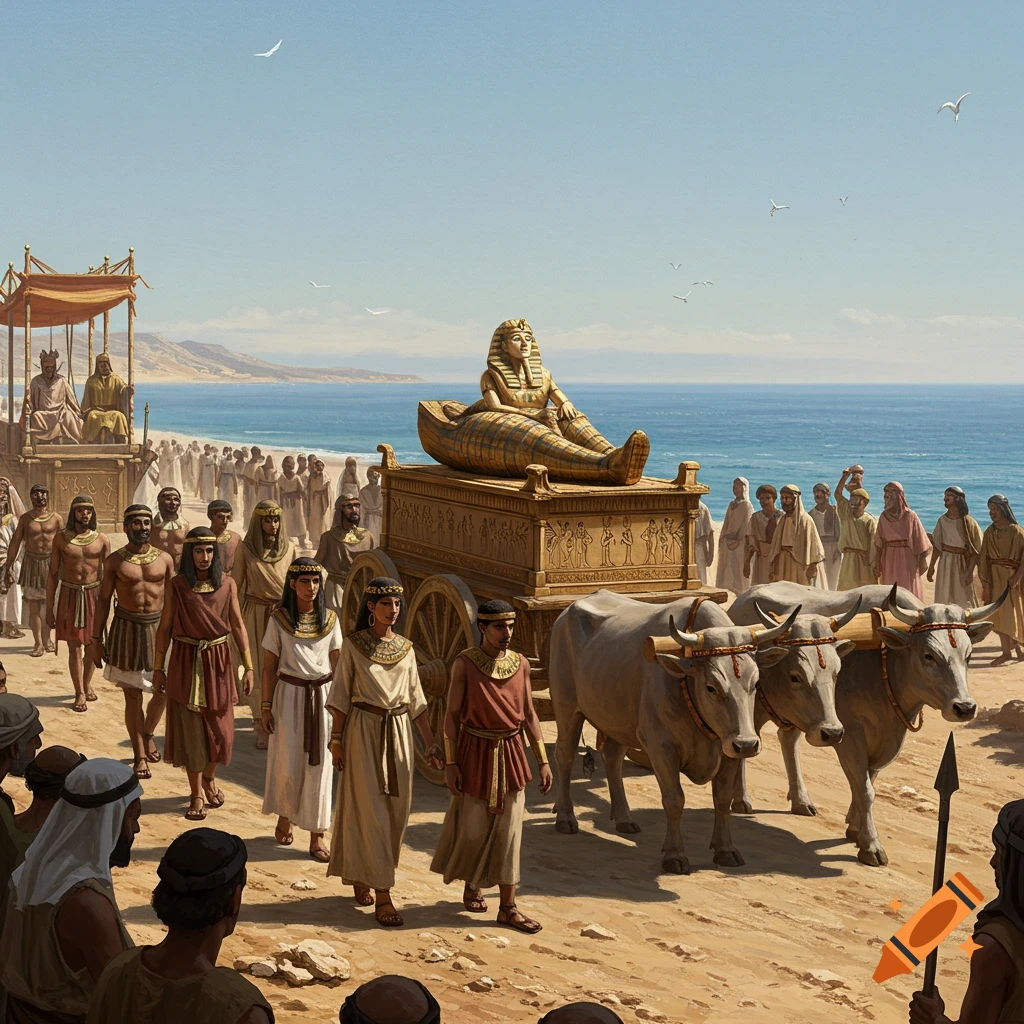 An ancient Egyptian funeral caravan processes along a sunny beach, with a golden sarcophagus on an ox-pulled cart and many people.