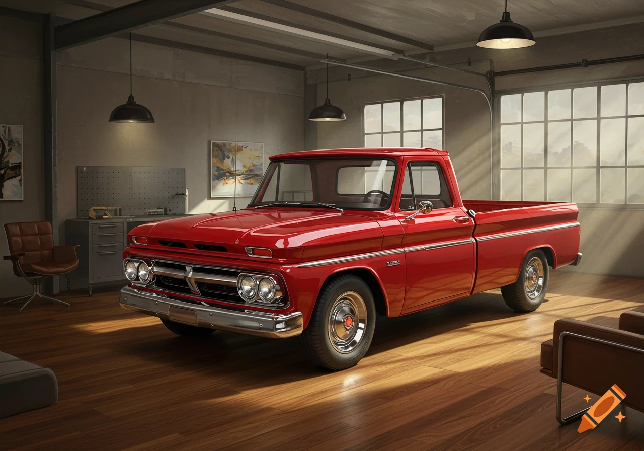 Photorealistic red classic GMC pickup truck parked on a wooden floor in a well-lit garage with large industrial windows.