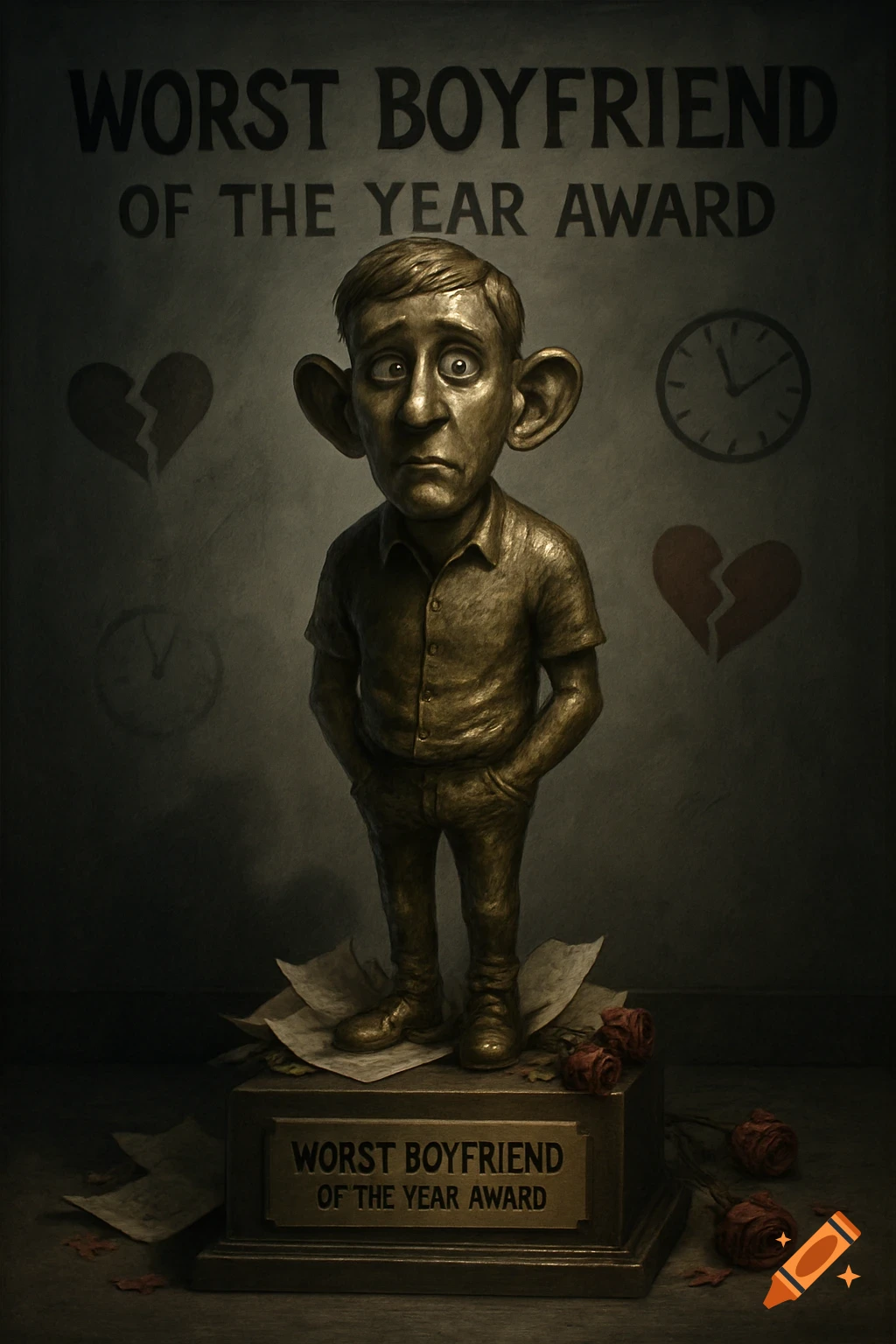 Bronze statue of a sad, large-eared man on a base labeled 'Worst Boyfriend of the Year Award', with broken hearts.