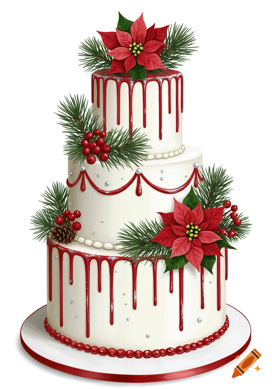 A three-tiered white Christmas cake decorated with red poinsettias, pine needles, red berries, and red dripping icing.