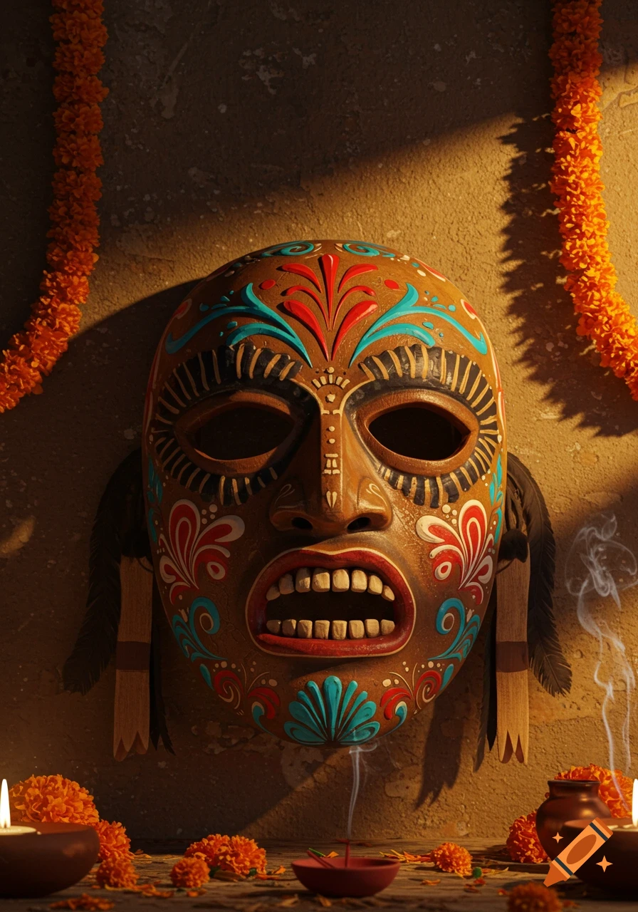 A decorative carved wooden mask with vibrant red, blue, and white patterns, surrounded by marigold garlands, candles, and incense.