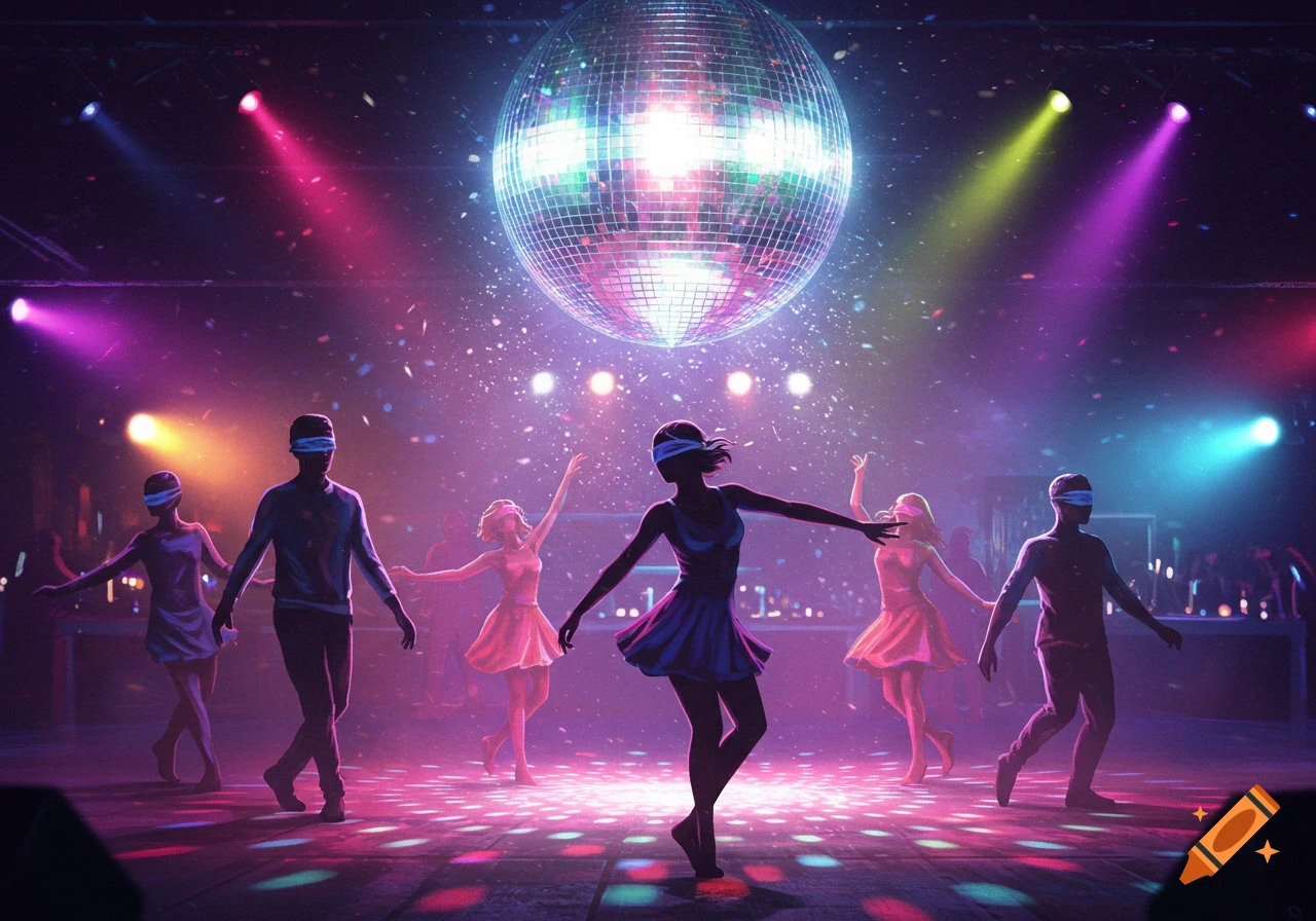 Blindfolded dancers move dynamically under a giant disco ball in a neon-lit, colorful watercolor scene.