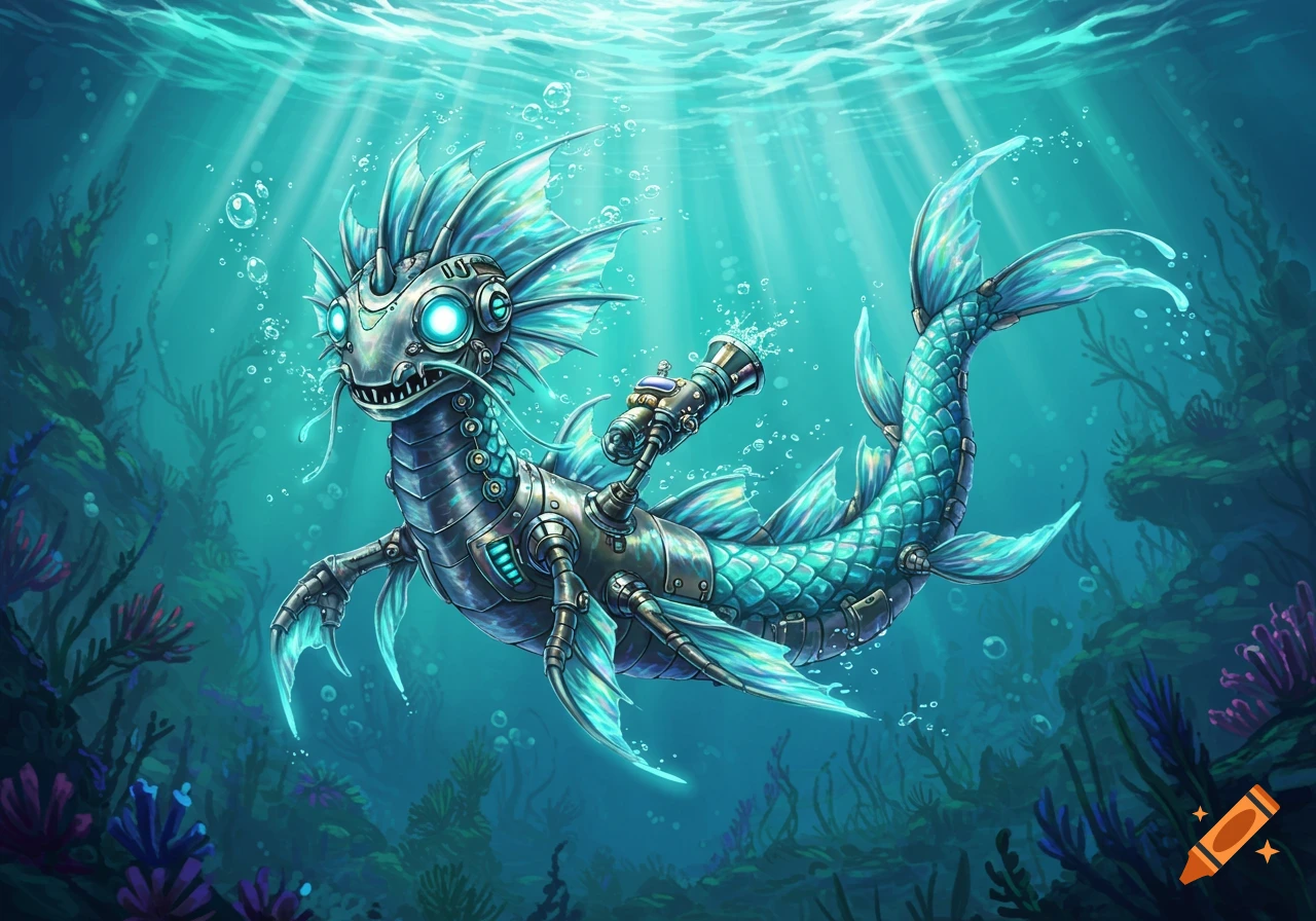 A vibrant illustration of a mechanical sea creature with glowing eyes, turquoise fins, and a metallic body, swimming underwater.