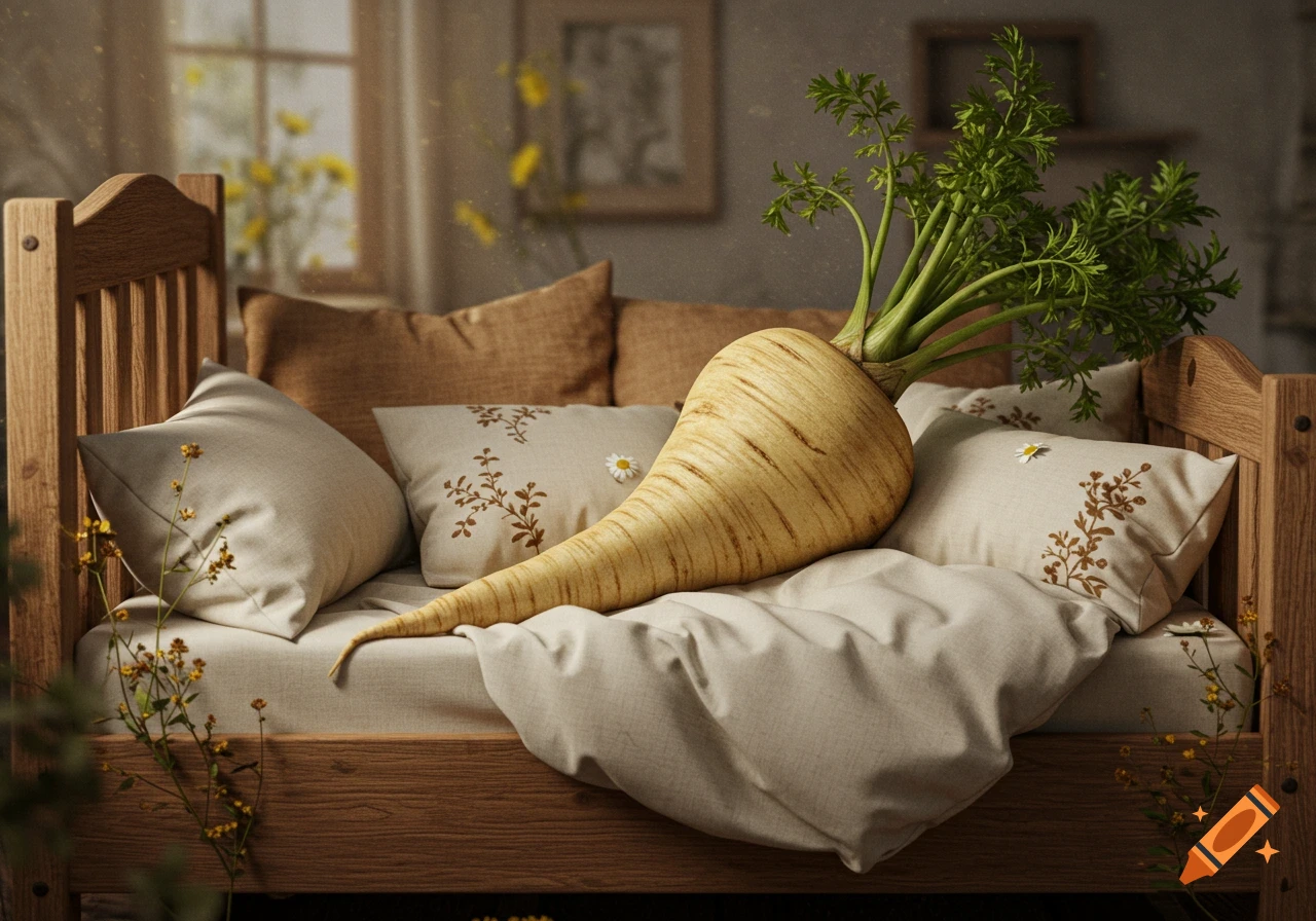 A large, realistic parsnip with green leaves lies on a bed with beige bedding and pillows, surrounded by yellow flowers in a sunlit room.