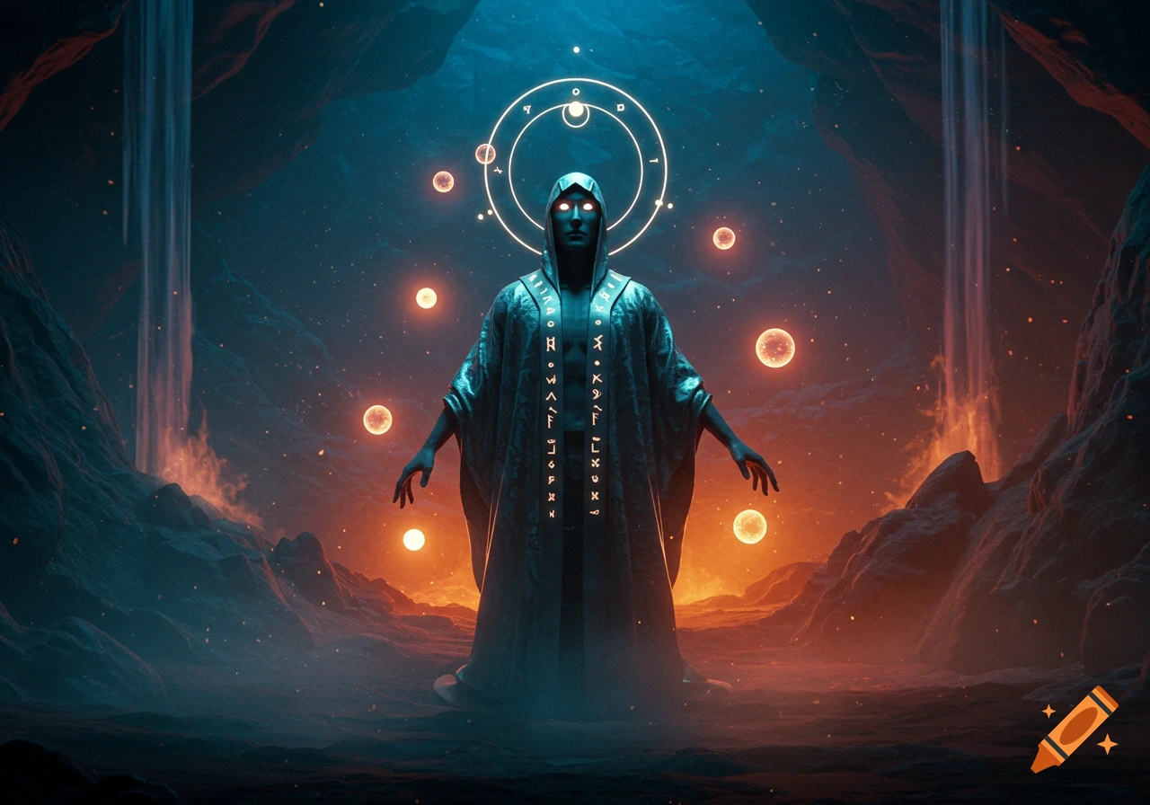 A robed, hooded figure with glowing eyes stands in a vibrant blue and orange cave, surrounded by glowing orbs and energy waterfalls in a mystical fantasy style.