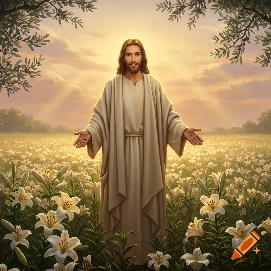 Jesus Christ with outstretched arms stands in a field of white lilies at sunset, framed by tree branches.