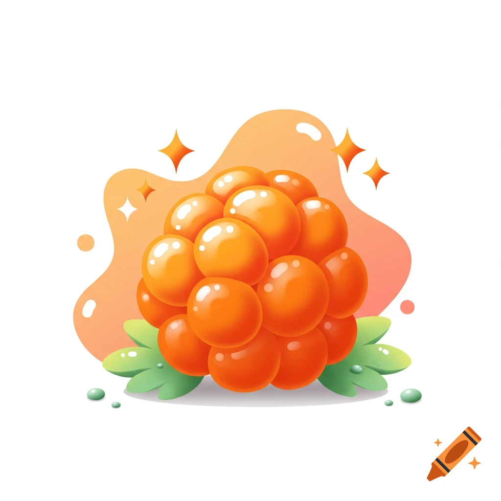 Illustrated cluster of shiny orange berries with green leaves, water droplets, and sparkling accents on an orange background.