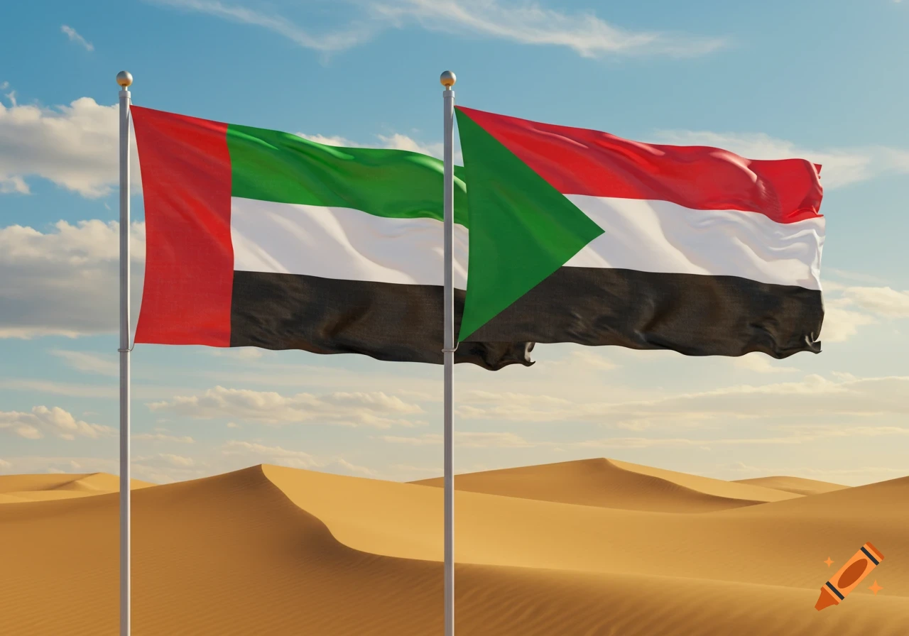 Flags of the United Arab Emirates and Sudan wave on poles in a vast desert landscape under a partly cloudy sky.