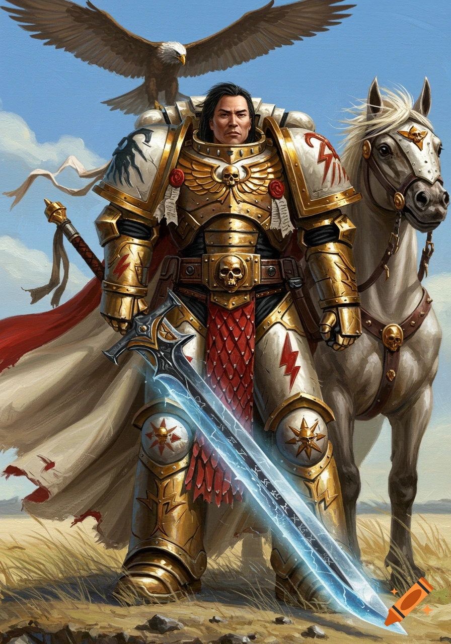 Jaghatai Khan, a primarch from Warhammer 40k, in golden and white armor, holds a glowing sword. A white horse stands nearby, and an eagle soars above. Painted in a realistic style, set on a steppe.