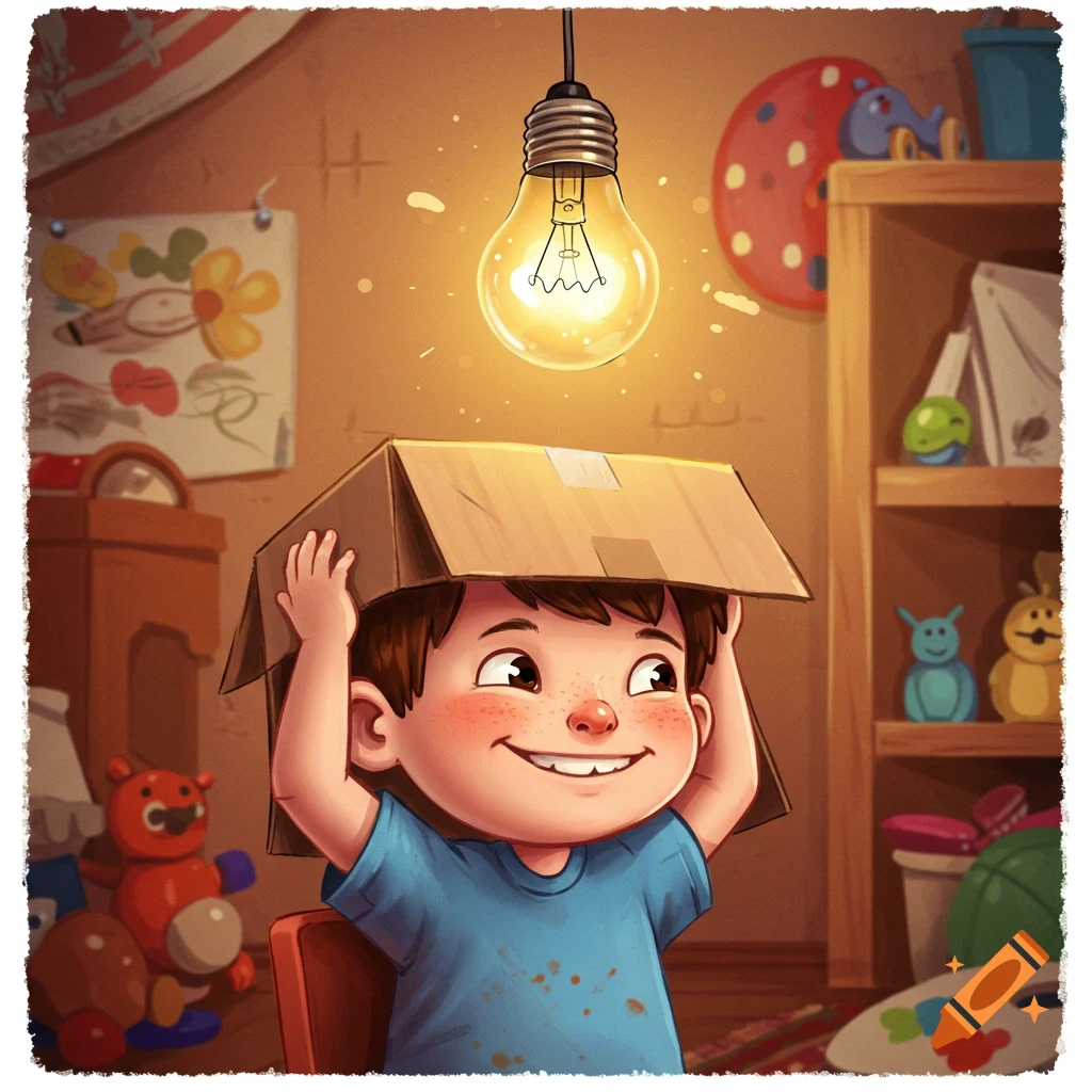 A cartoon boy wearing a cardboard box on his head smiles, looking up at a bright, glowing lightbulb in a cozy playroom filled with toys.