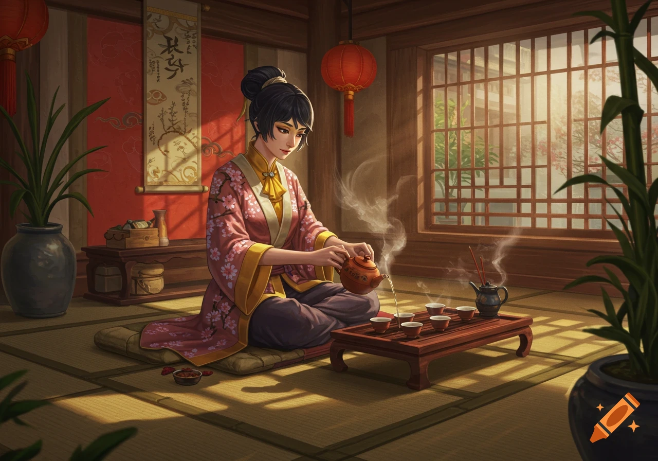 A woman in a traditional kimono performs a tea ceremony in an East Asian room, pouring tea from a pot into small cups.
