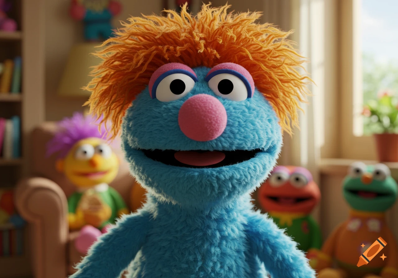 A blue muppet with shaggy orange hair, pink nose, and pink eyebrows smiles, with blurry muppets in the background.