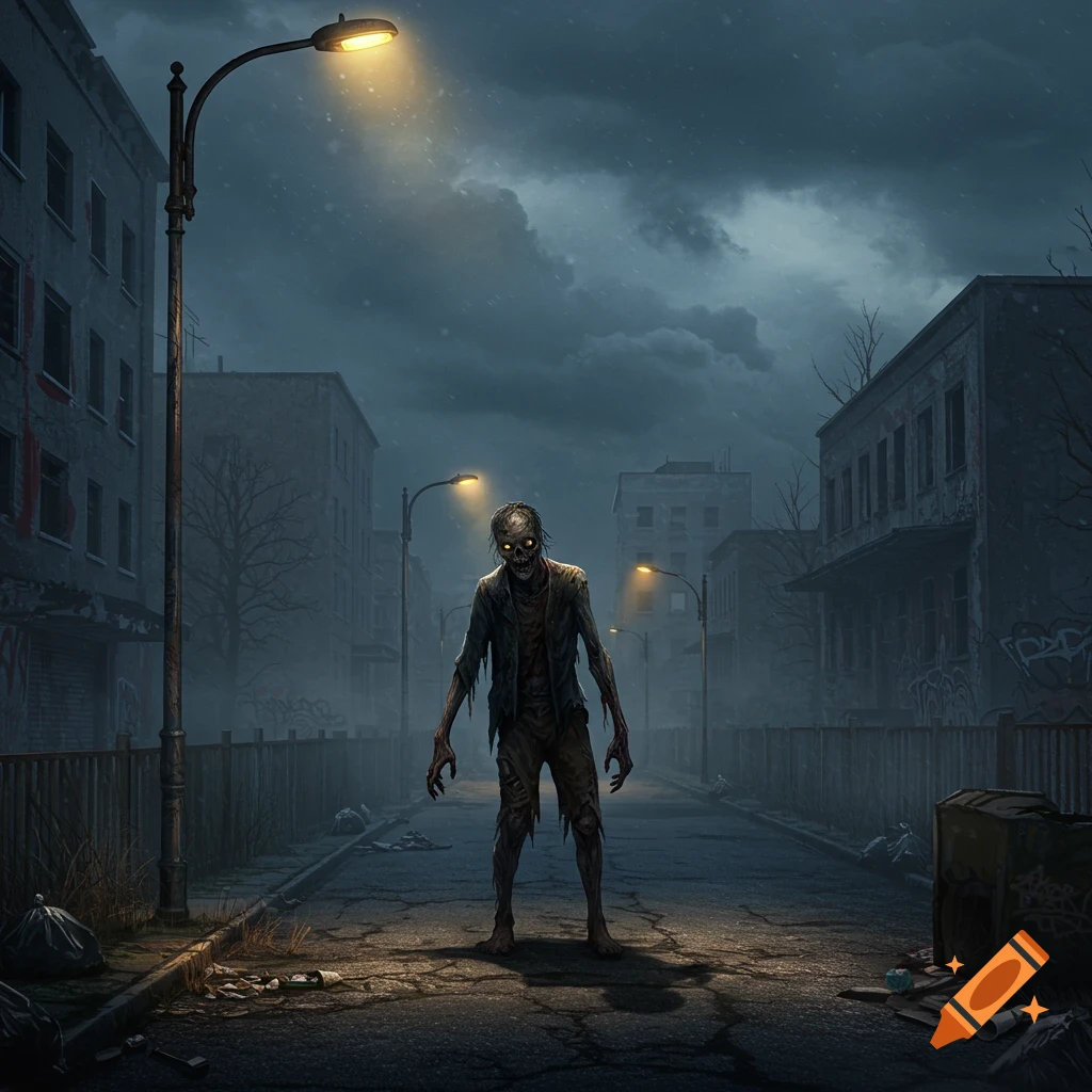 A frightening zombie stands under a street light in a dark, dilapidated city street under stormy clouds, digital painting.
