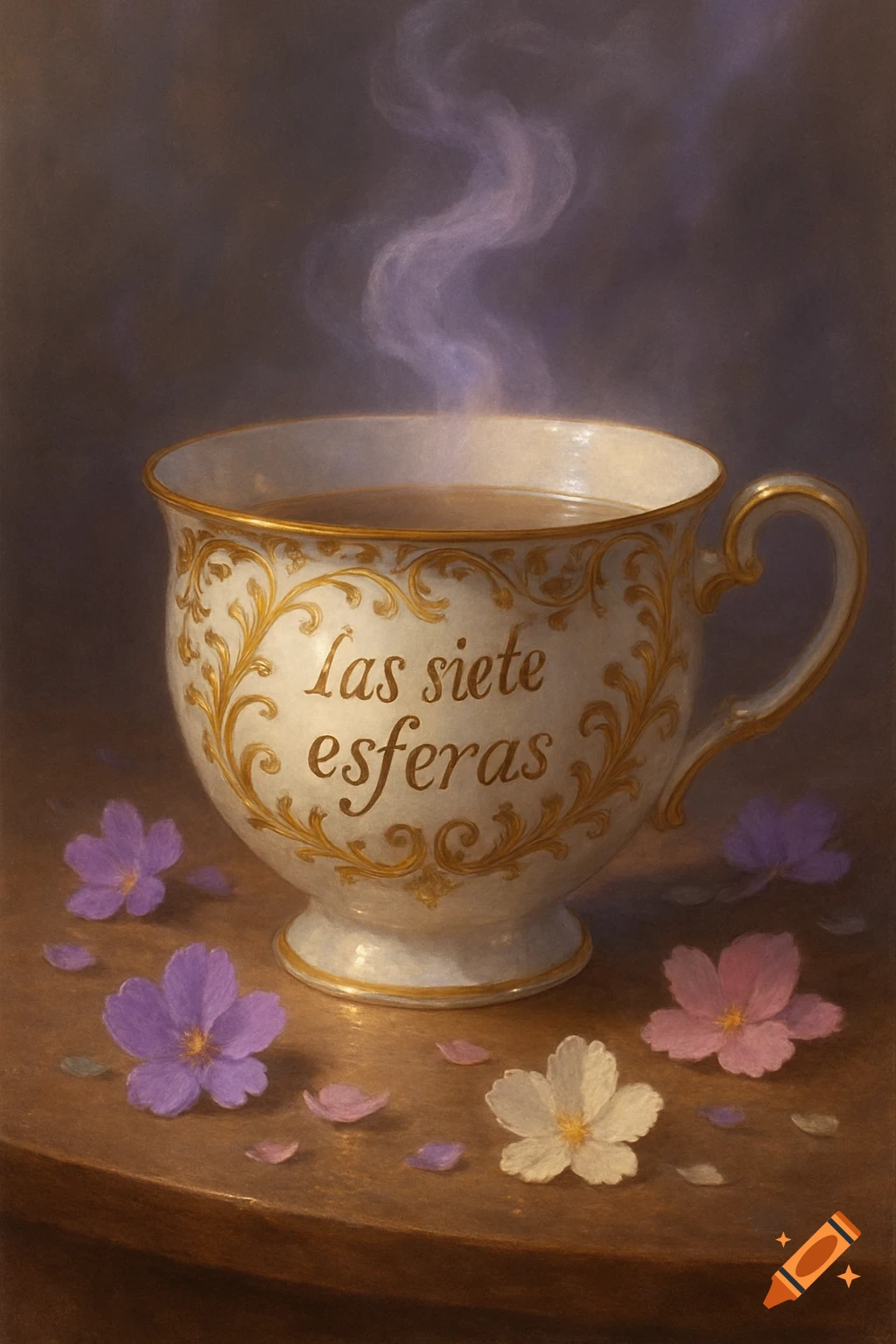 A decorative teacup with "las siete esferas" text, emitting steam, surrounded by purple and white flowers on a wooden surface in a painterly style.