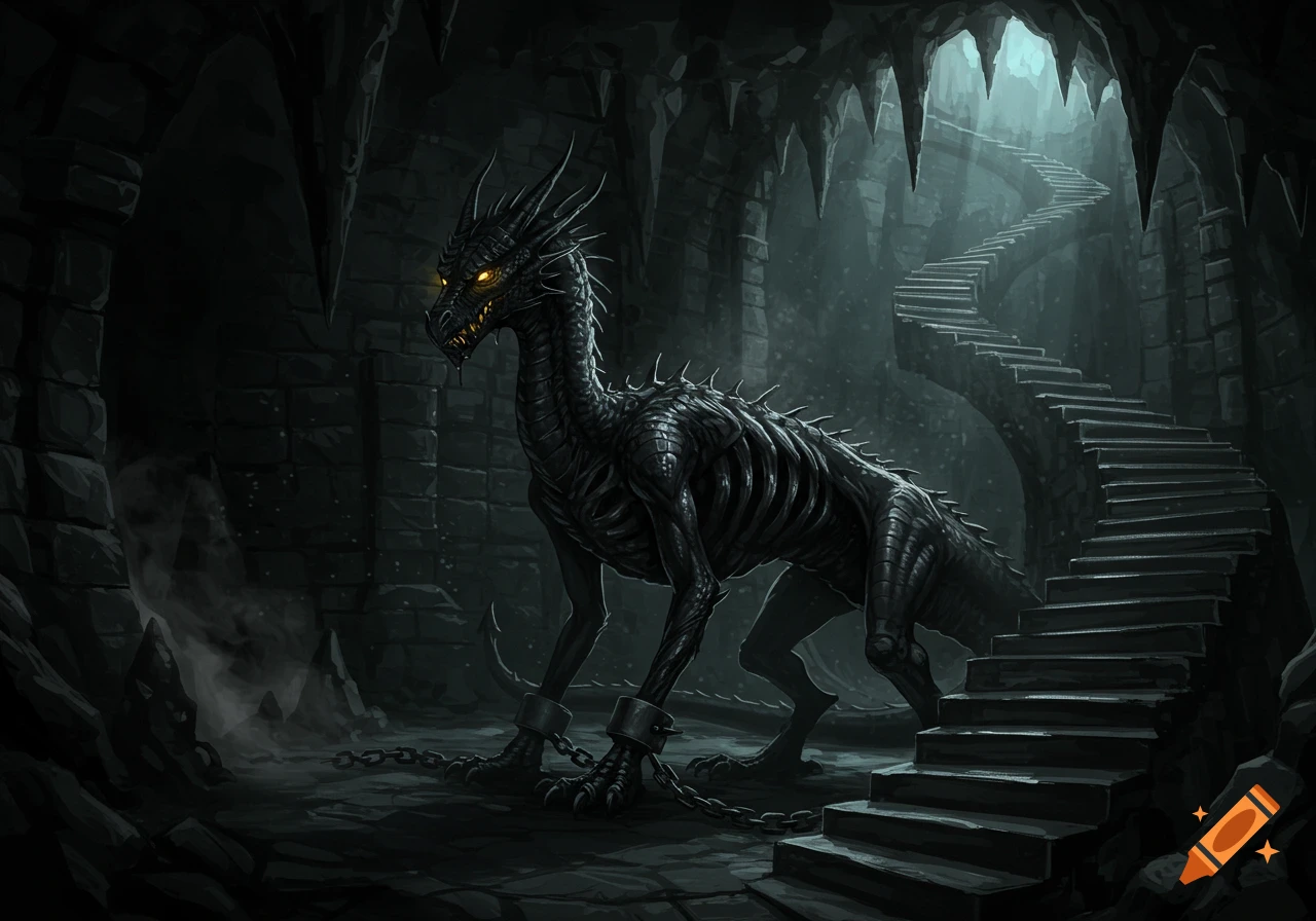 A gaunt black dragon with glowing gold eyes, chained in a dark, misty dungeon with winding stone stairs.