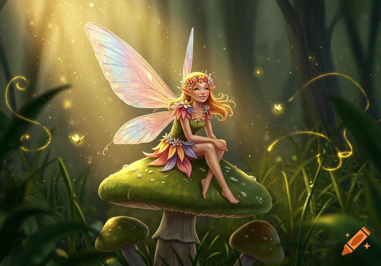 Cheerful fairy with blonde hair and flower crown sitting on a large green mushroom in a sunlit magical forest.