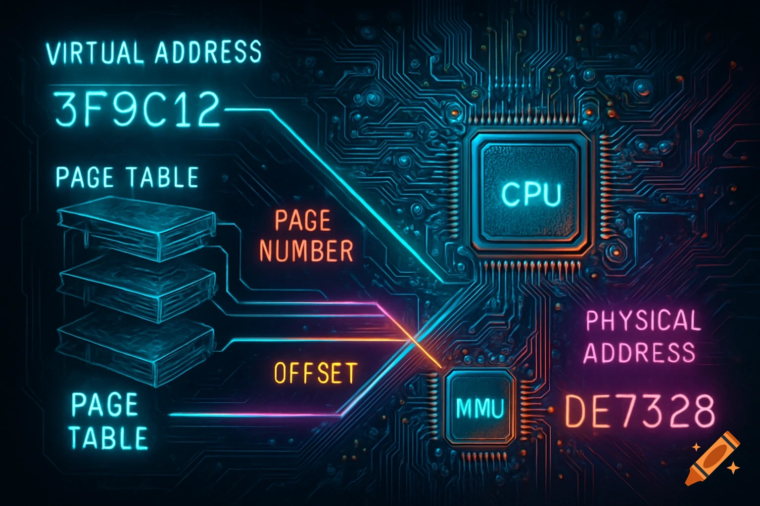 A glowing neon diagram illustrating virtual to physical address translation on a circuit board with a CPU and MMU chip.