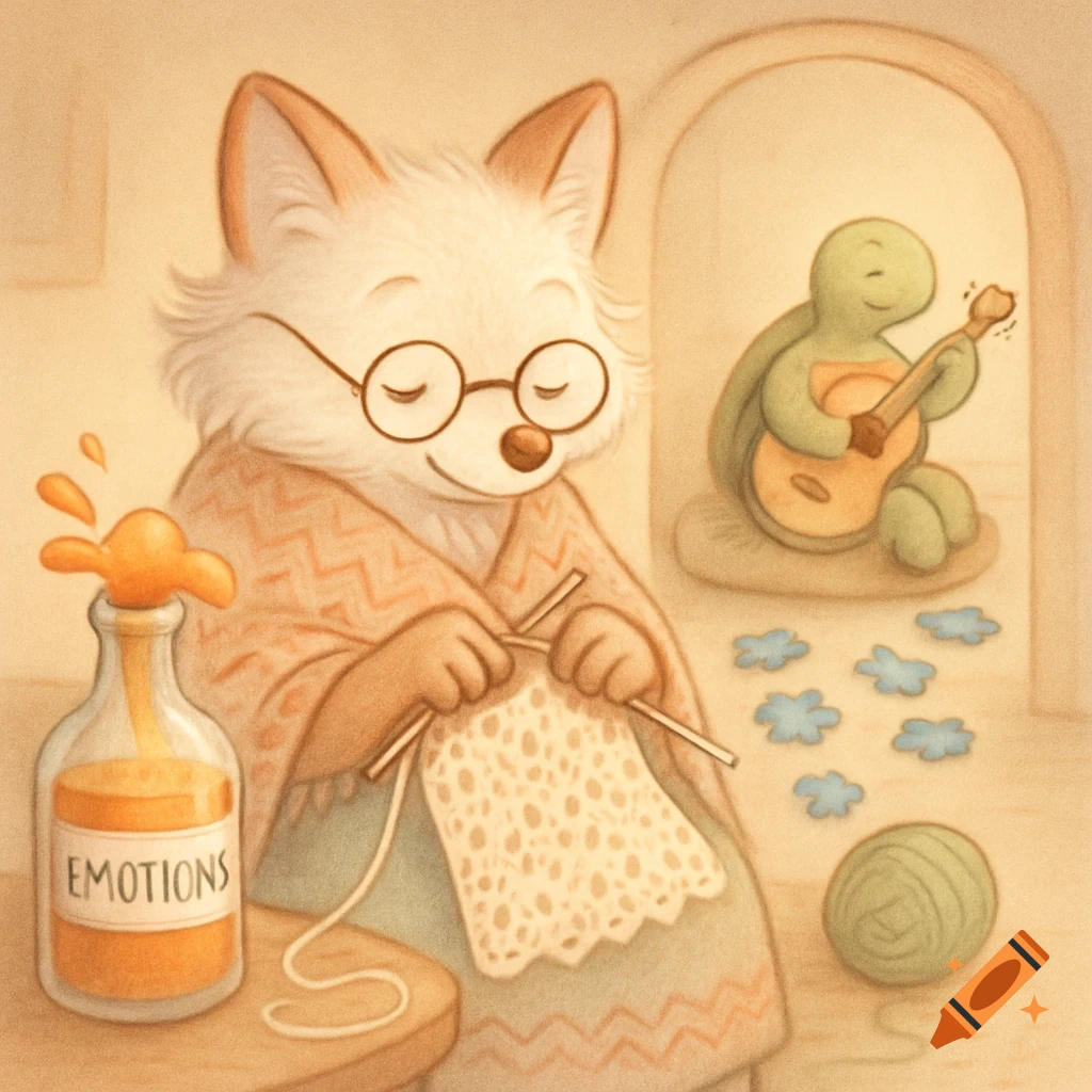 A warm pastel cartoon shows a glasses-wearing fox in a shawl knitting next to a bottle of 'Emotions,' while a tortoise plays guitar in the background.