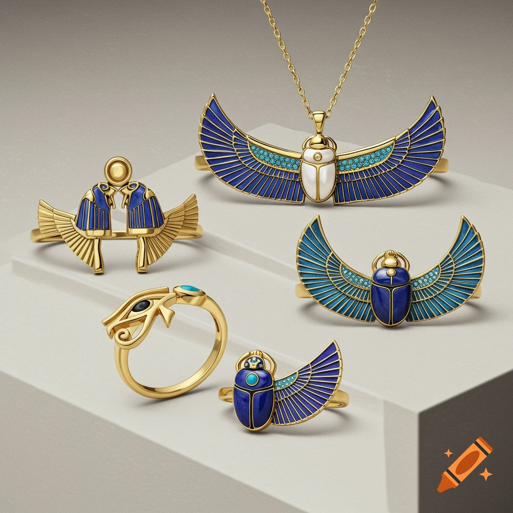 Gold and blue Egyptian-inspired jewelry, including scarab pendants, winged rings, and an Eye of Horus ring, displayed on a light surface.