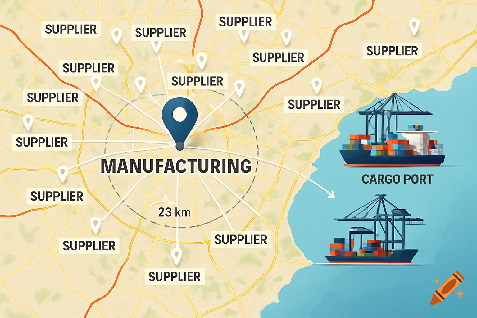 Infographic map of an industrial supply chain: central manufacturing hub, supplier nodes, and cargo port with ships.