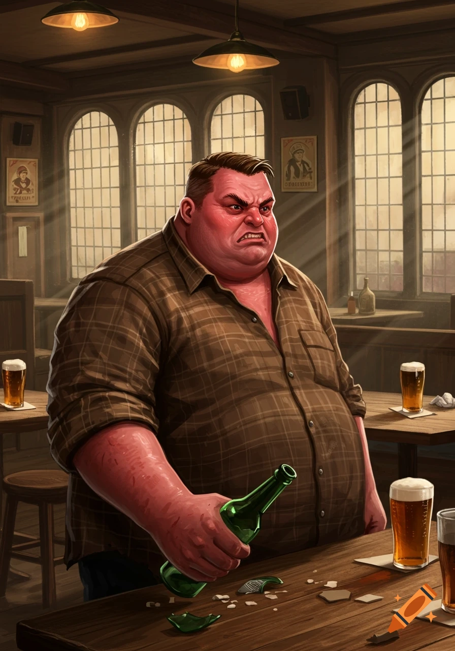 An angry, overweight man in a plaid shirt stands in a pub, holding a broken green bottle over a wooden table with spilled liquid.