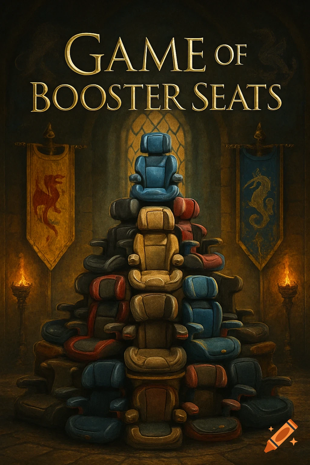 A stack of colorful booster seats forms a throne in a dimly lit, castle-like room, with banners and torches. Text reads 'GAME OF BOOSTER SEATS'.