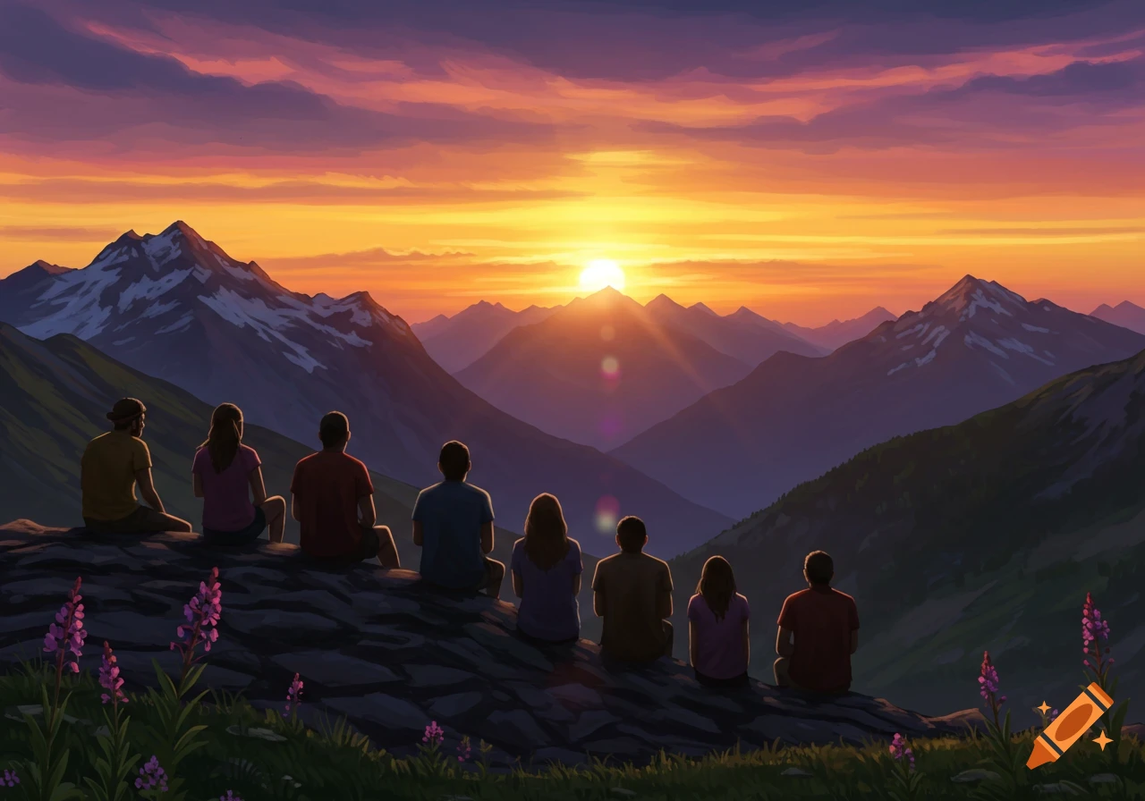 A group of people sitting on a mountain looking at a vibrant sunset ...