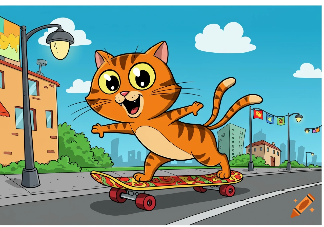 Cartoon orange tabby cat skateboarding down a city street with buildings and trees in the background.