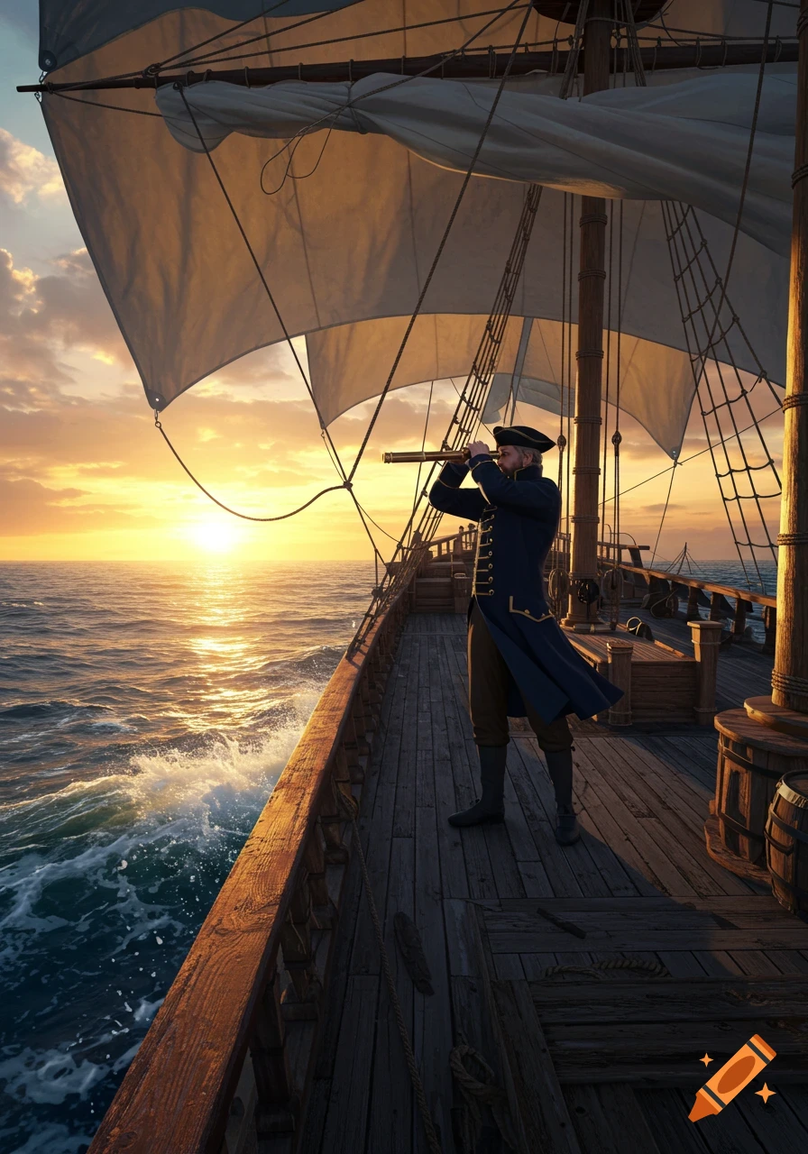 A first mate in a historical uniform stands on a sailing ship's deck, looking through a spyglass at a vibrant ocean sunset. Photorealistic.