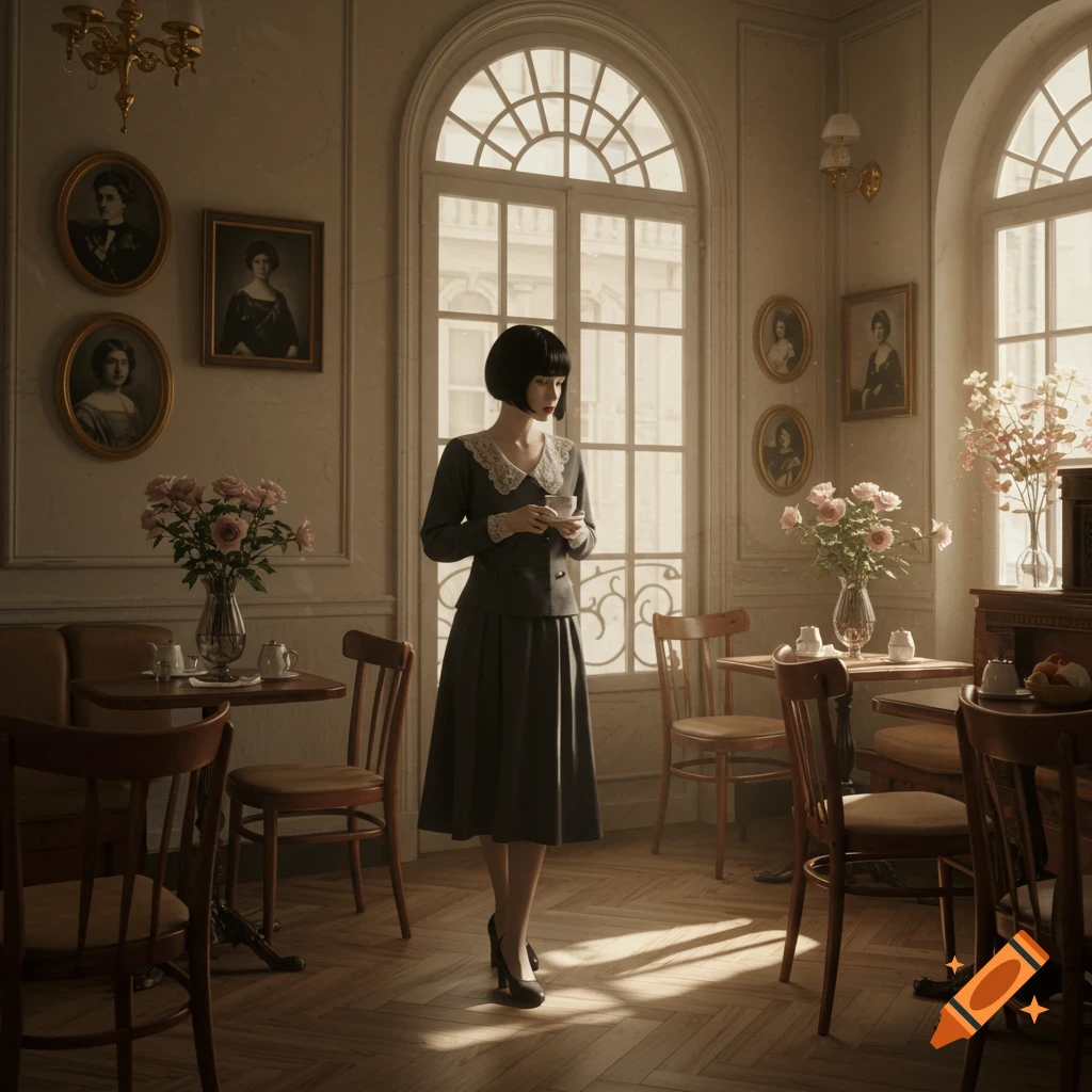 Photorealistic image of a young woman with a bob haircut in 1920s attire standing with a teacup in a sunlit cafe.