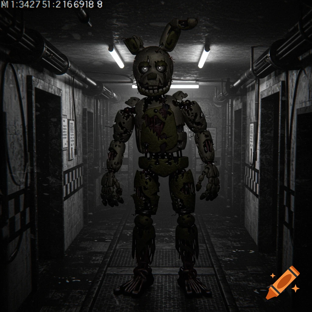 Springtrap, a decayed green animatronic rabbit, stands in a dark industrial hallway, captured by CCTV.