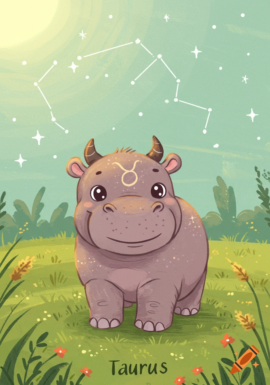 Cute cartoon baby hippo with a Taurus zodiac symbol on its forehead, standing in a grassy field under a starry sky.