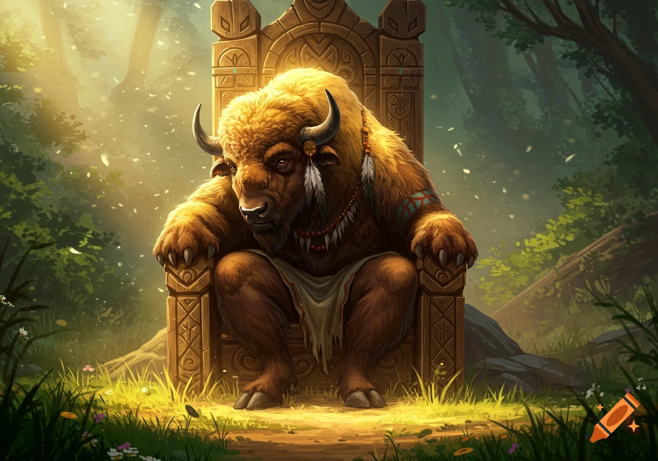 A majestic, anthropomorphic buffalo king with feathers and beads, sitting on an ornate stone throne in a sunlit forest.