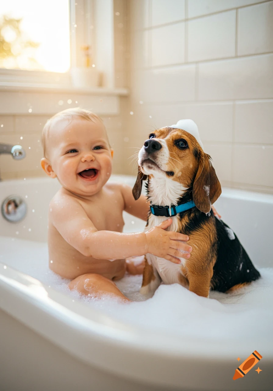 A smiling baby and a beagle dog taking a bubble bath in a tub.