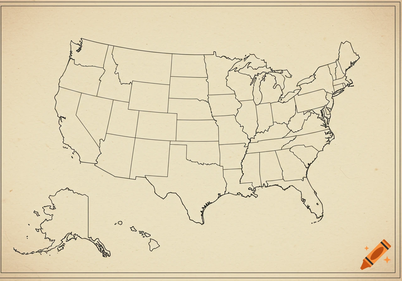 A blank outline map of the United States, including Alaska and Hawaii, on a textured beige background.